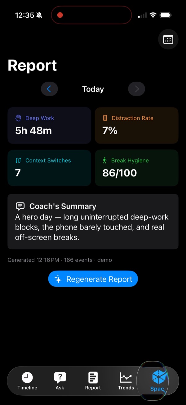 TimeLens Report screen: deep work, distraction rate, context switches, break hygiene, and a Coach's Summary