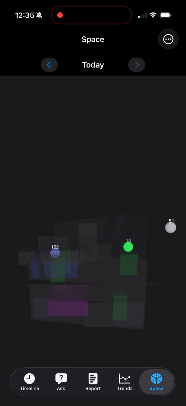 TimeLens Space screen: a 3D LiDAR room render with the day's events pinned as markers